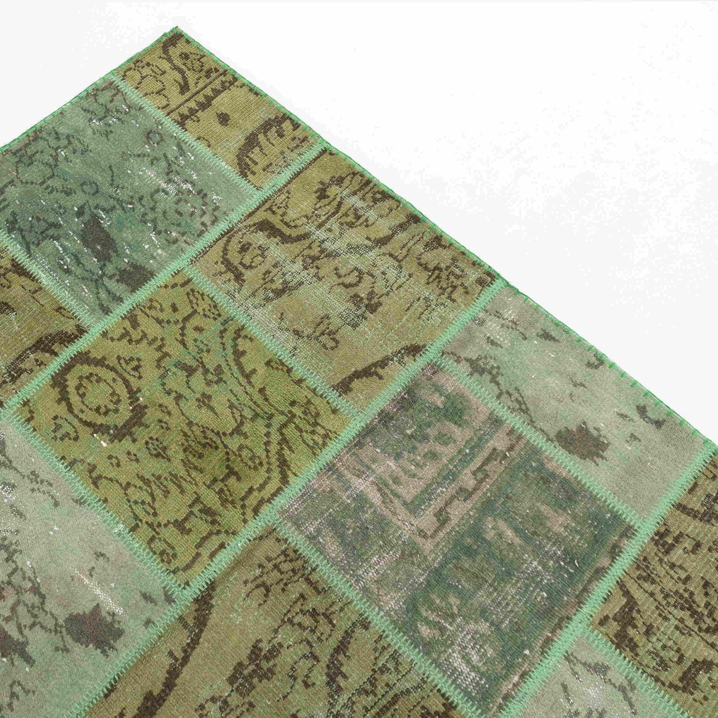 Oriental Rug Patchwork Hand Knotted Wool On Wool 168 x 240 Cm - 5' 7'' x 7' 11'' Green C001 ER12