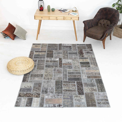 Oriental Rug Patchwork Hand Knotted Wool On Wool 170 x 240 Cm - 5' 7'' x 7' 11'' Grey C008 ER12