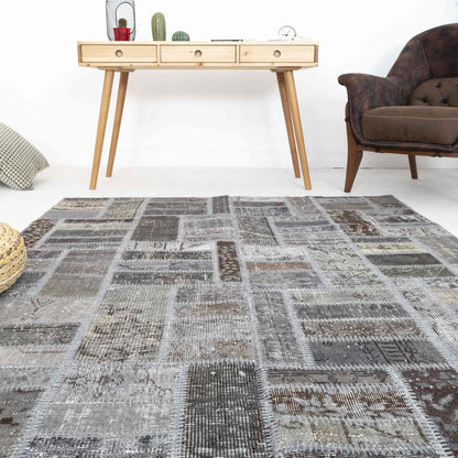 Oriental Rug Patchwork Hand Knotted Wool On Wool 170 x 240 Cm - 5' 7'' x 7' 11'' Grey C008 ER12