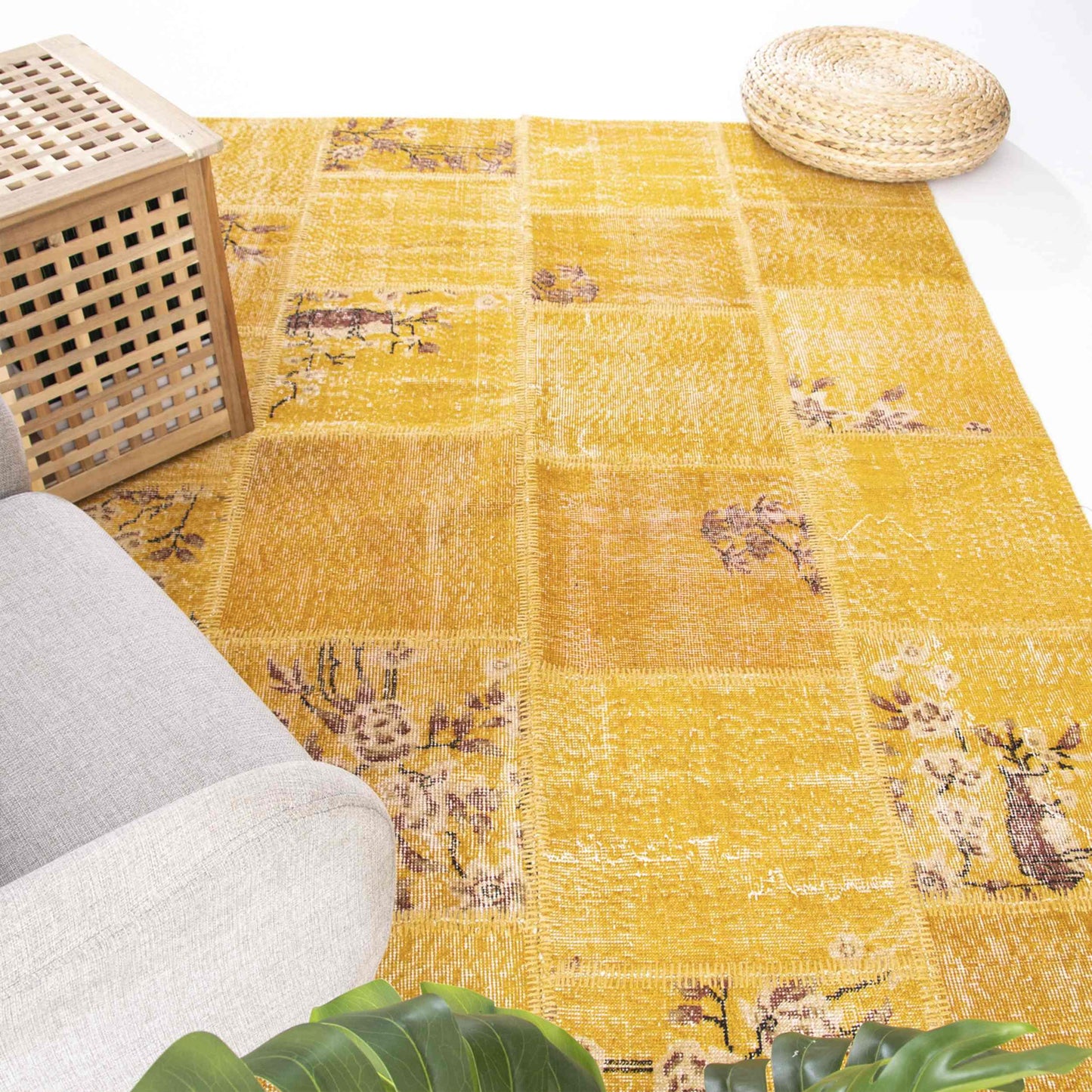 Oriental Rug Patchwork Hand Knotted Wool On Wool 172 x 242 Cm - 5' 8'' x 8' Yellow C006 ER12