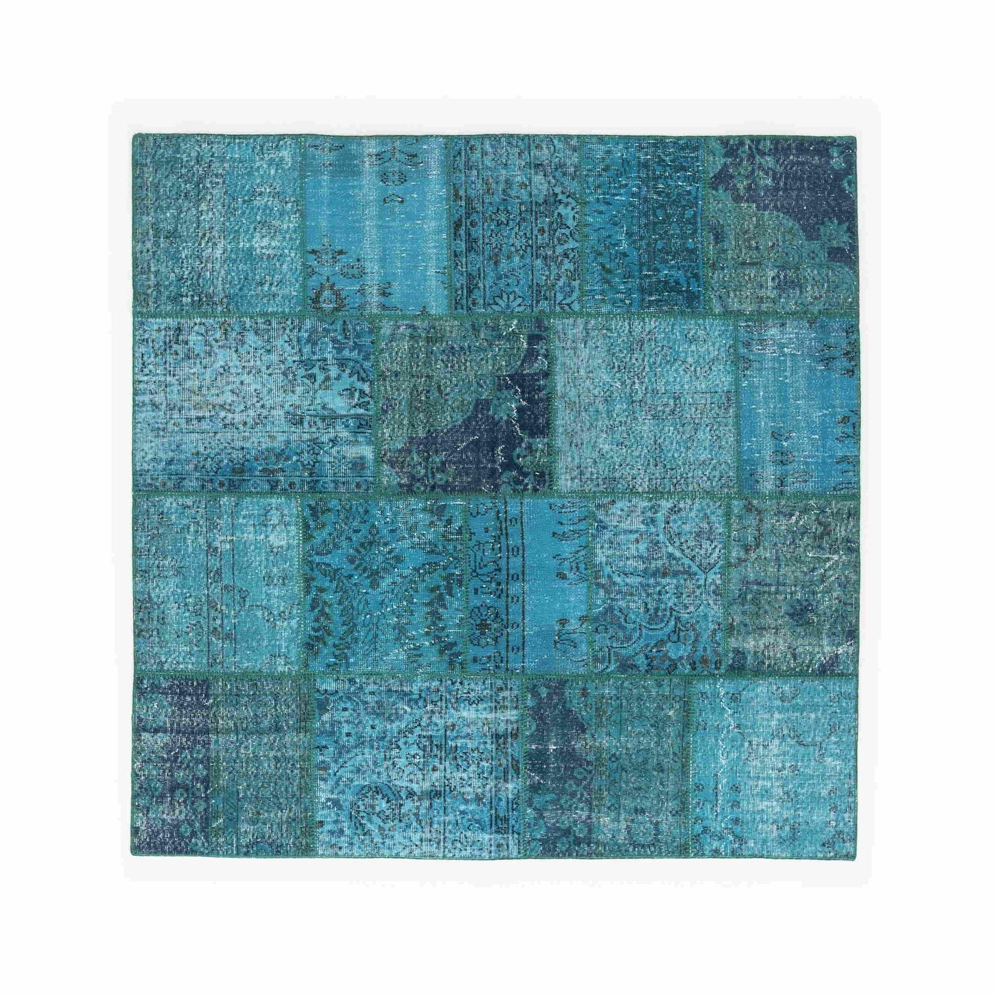Oriental Rug Patchwork Hand Knotted Wool On Wool 200 x 200 Cm - 6' 7'' x 6' 7'' Turquoise C019 ER12