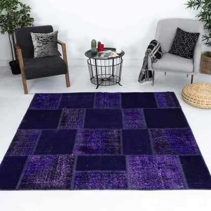 Oriental Rug Patchwork Hand Knotted Wool On Wool 200 x 200 Cm - 6' 7'' x 6' 7'' Purple C017 ER12