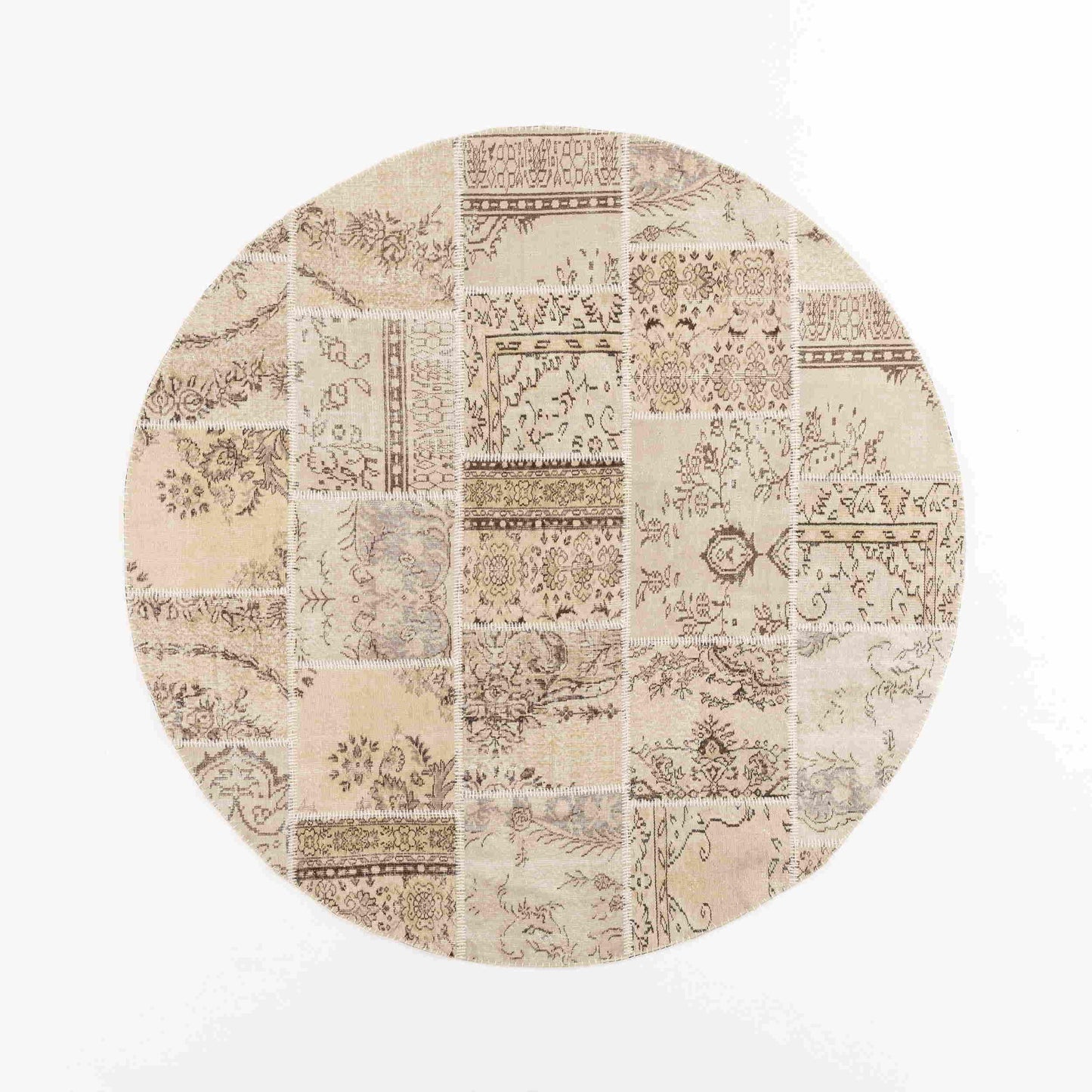 Oriental Round Rug Patchwork Hand Knotted Wool On Wool 250 x 250 Cm - 8' 3'' x 8' 3'' Sand C007 ER23