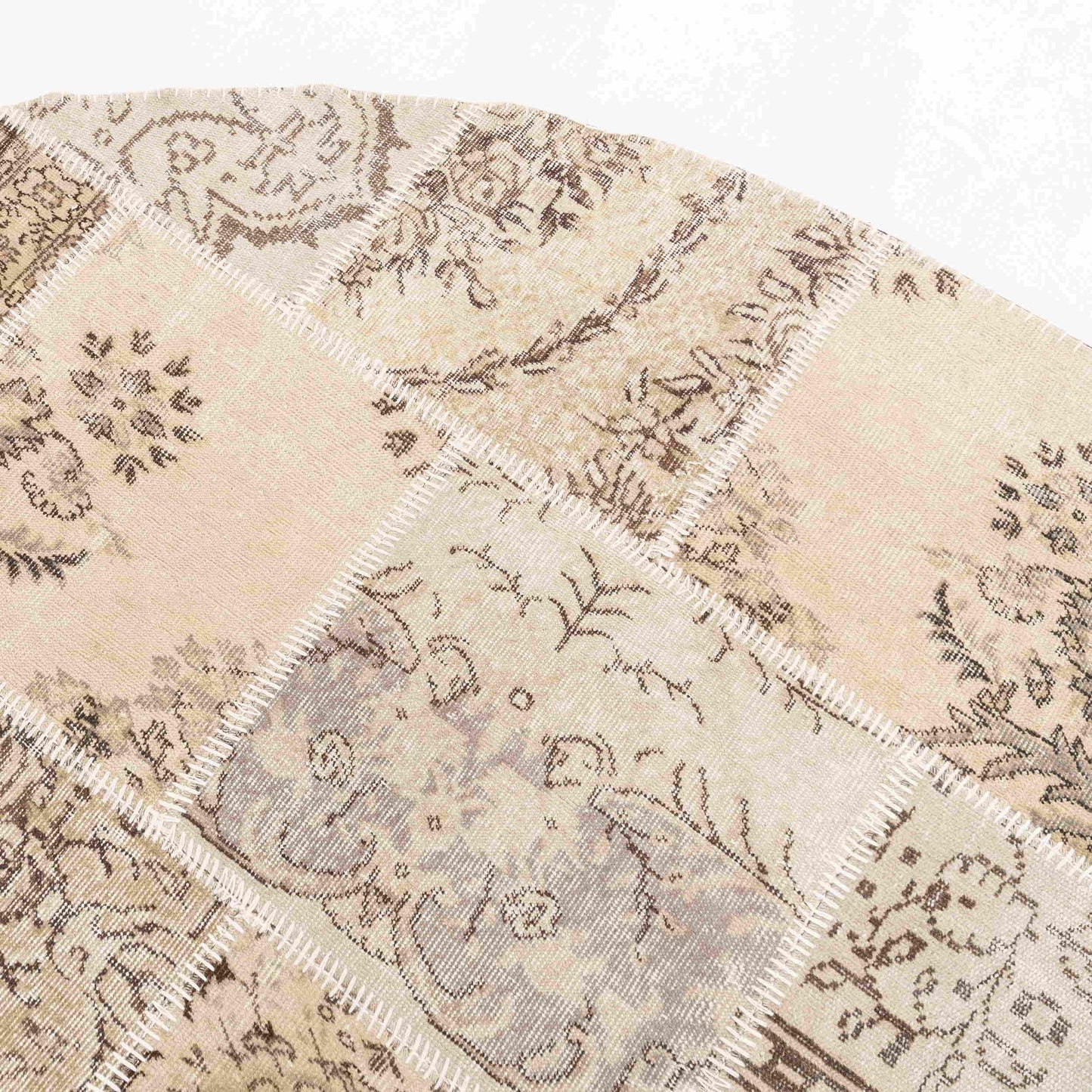 Oriental Round Rug Patchwork Hand Knotted Wool On Wool 250 x 250 Cm - 8' 3'' x 8' 3'' Sand C007 ER23