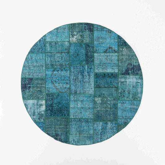 Oriental Round Rug Patchwork Hand Knotted Wool On Wool 250 x 250 Cm - 8' 3'' x 8' 3'' Turquoise C019 ER23