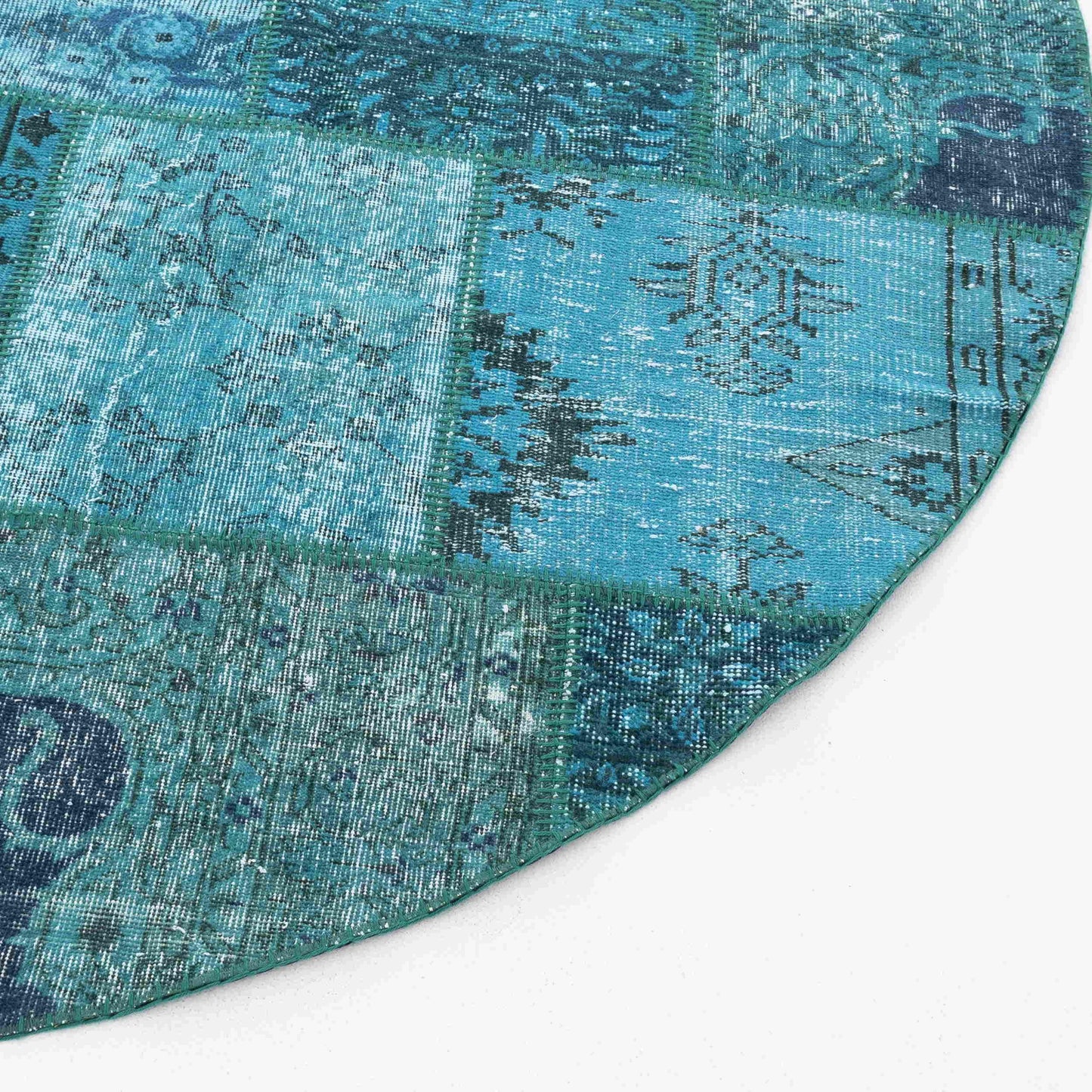 Oriental Round Rug Patchwork Hand Knotted Wool On Wool 250 x 250 Cm - 8' 3'' x 8' 3'' Turquoise C019 ER23