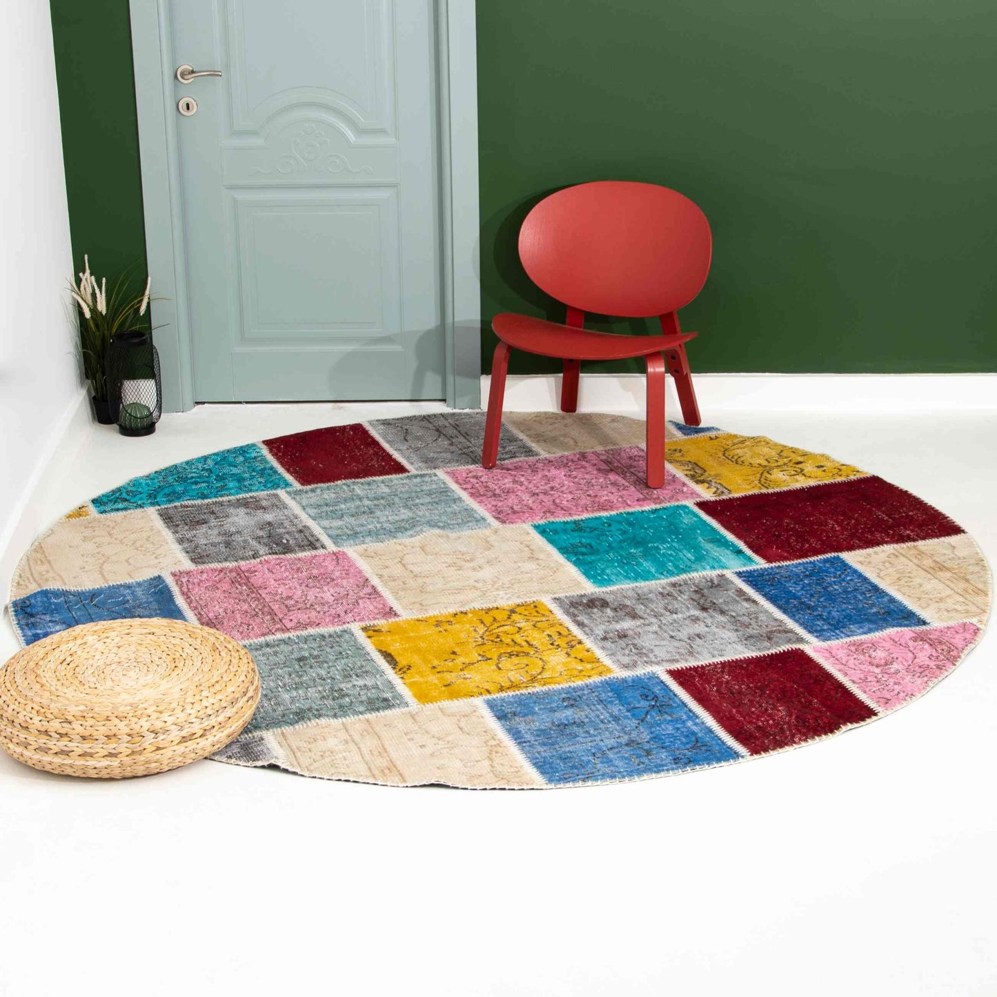 Oriental Round Rug Patchwork Hand Knotted Wool On Wool 250 x 250 Cm - 8' 3'' x 8' 3'' Multicolor C016 ER23