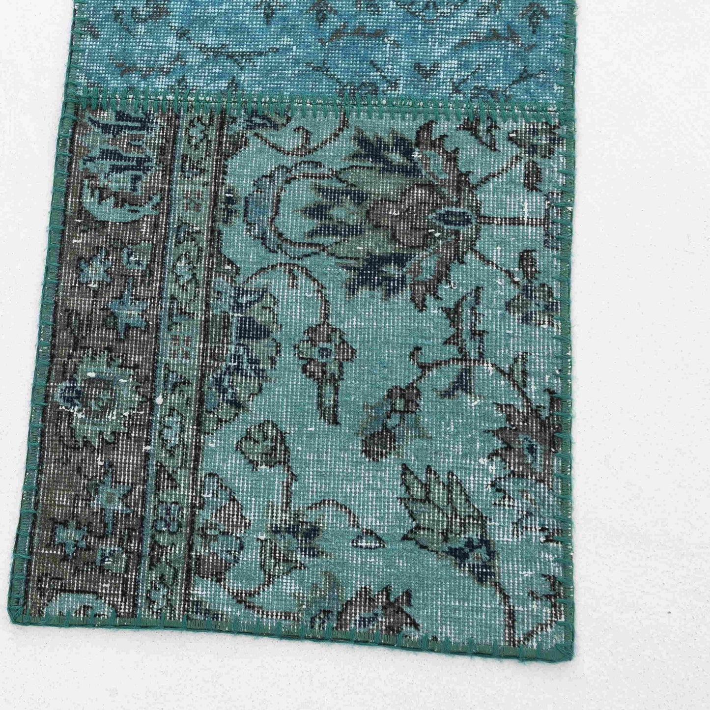 Oriental Rug Patchwork Hand Knotted Wool On Wool 50 x 196 Cm – 1' 8'' x 6' 6'' Turquoise C019 ER01