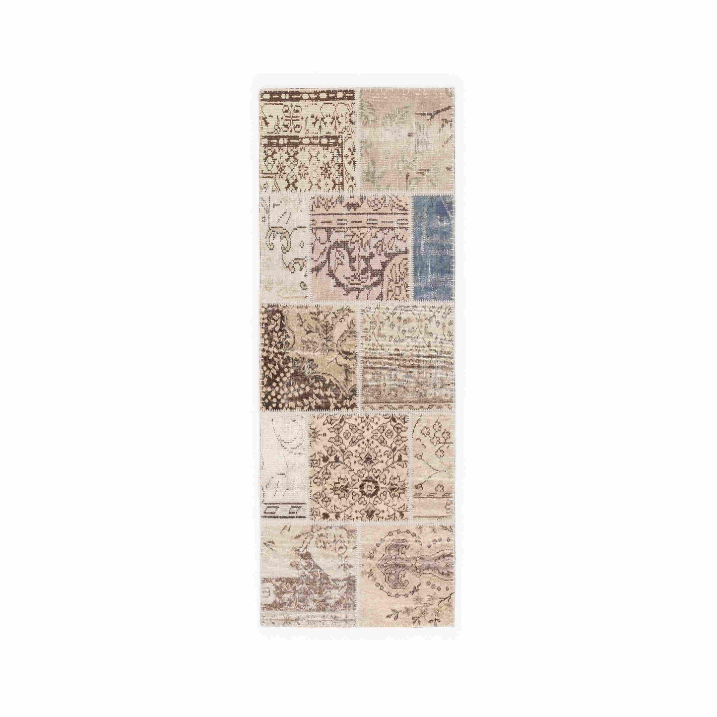 Oriental Rug Patchwork Hand Knotted Wool On Wool 76 x 212 Cm – 2' 6'' x 7' Sand C007 ER01