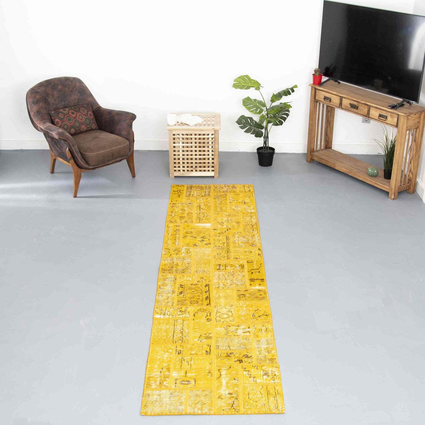 Oriental Rug Patchwork Hand Knotted Wool On Wool 76 x 297 Cm – 2' 6'' x 9' 9'' Yellow C006 ER01