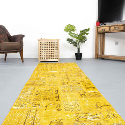 Oriental Rug Patchwork Hand Knotted Wool On Wool 76 x 297 Cm – 2' 6'' x 9' 9'' Yellow C006 ER01