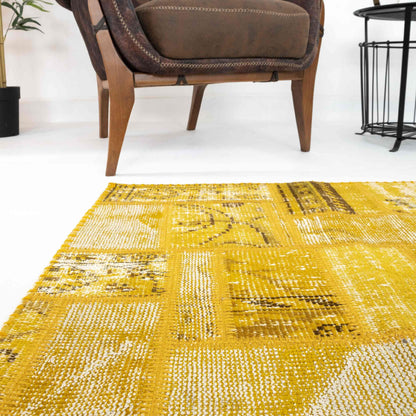 Oriental Rug Patchwork Hand Knotted Wool On Wool 78 x 197 Cm – 2' 7'' x 6' 6'' Yellow C006 ER01