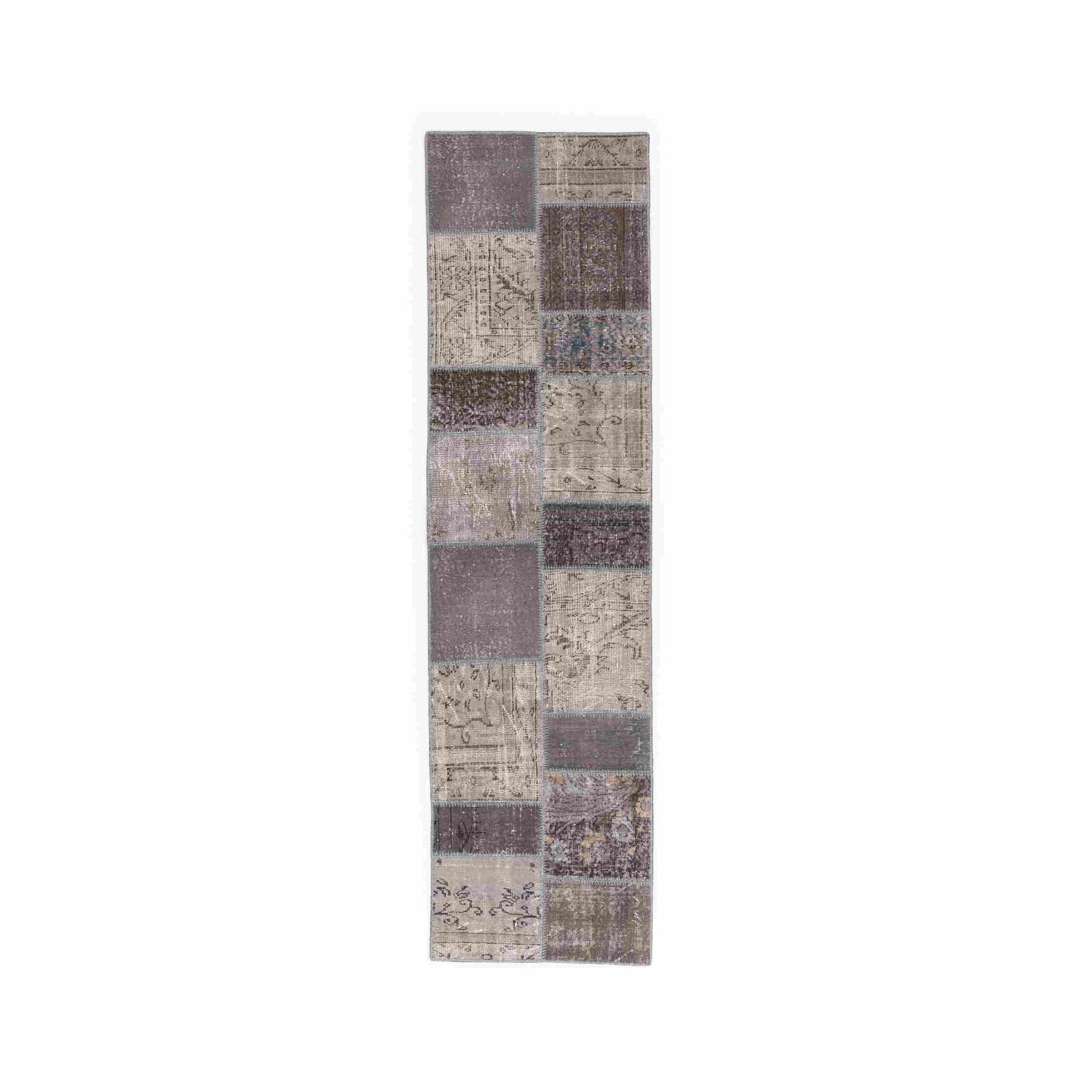 Oriental Rug Patchwork Hand Knotted Wool On Wool 80 x 229 Cm – 2' 8'' x 7' 7'' Grey C008 ER01