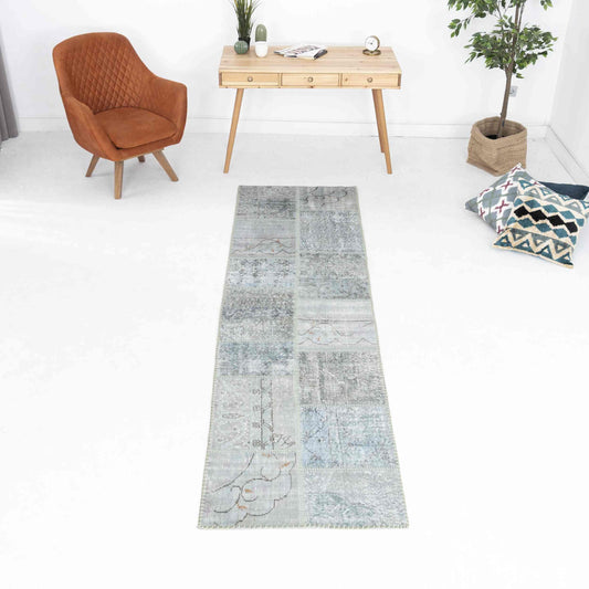 Oriental Rug Patchwork Hand Knotted Wool On Wool 80 x 299 Cm – 2' 8'' x 9' 10'' Grey C008 ER01