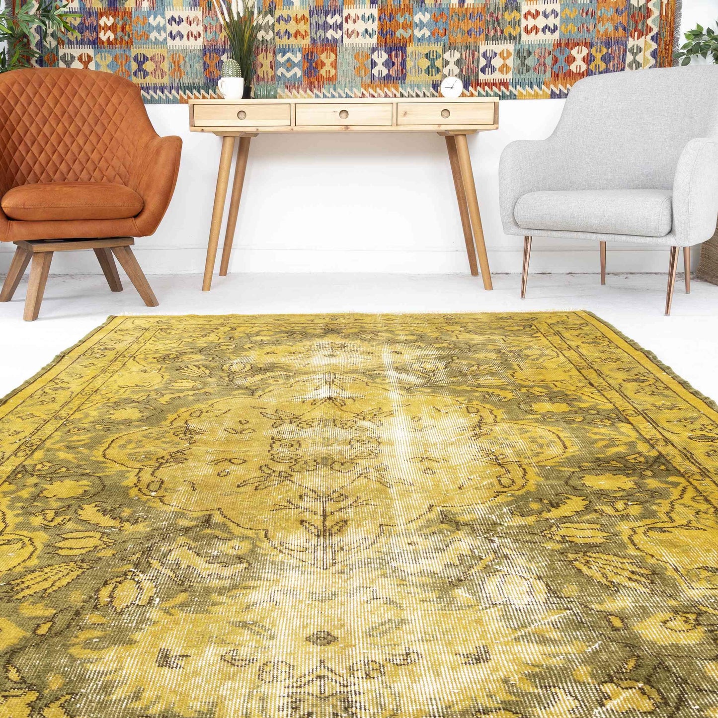 Oriental Rug Vintage Hand Knotted Wool On Cotton 169 x 266 Cm - 5' 7'' x 8' 9'' Yellow C006 ER12