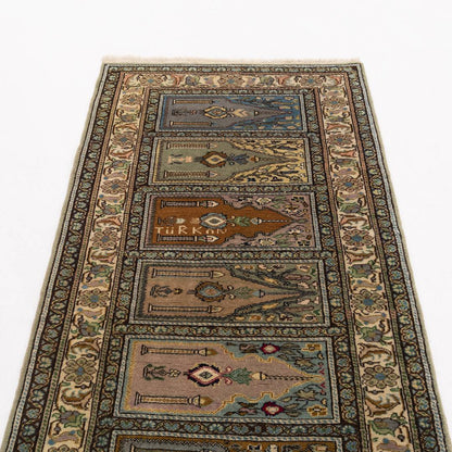 Oriental Turkish Runner Rug Handmade Wool On Cotton Kayseri 90 X 231 Cm - 3' X 7' 7'' Green C015