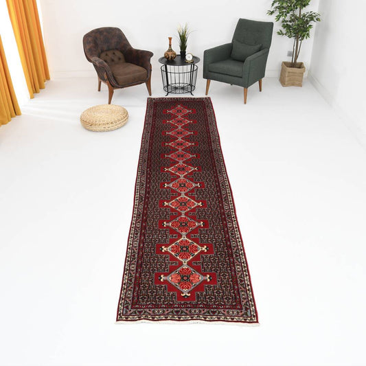 Oriental Turkish Runner Rug Handmade Wool On Cotton Sene 89 X 385 Cm - 3' X 12' 8'' Red C014