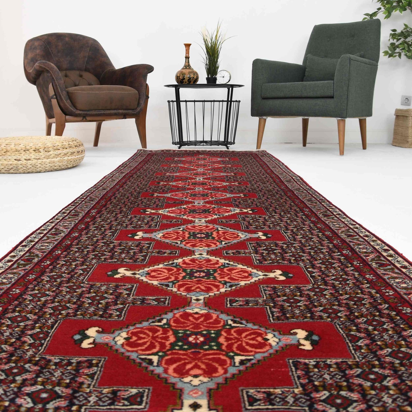 Oriental Turkish Runner Rug Handmade Wool On Cotton Sene 89 X 385 Cm - 3' X 12' 8'' Red C014