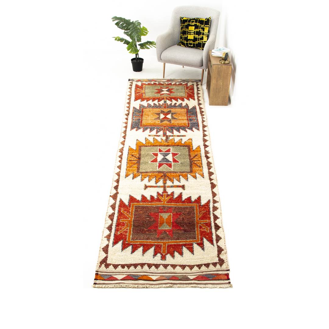 Oriental Turkish Runner Rug Handmade Wool On Wool Anatolia 357 X 98 Cm - 11' 9'' X 3' 3'' Orange C011