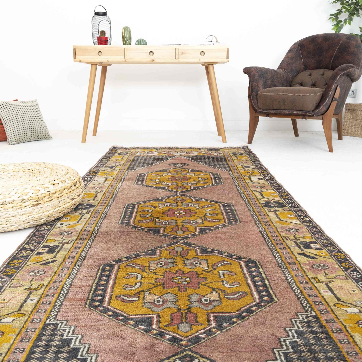 Oriental Turkish Runner Rug Handmade Wool On Wool Anatolian 106 X 295 Cm - 3' 6'' X 9' 9'' Pink C004