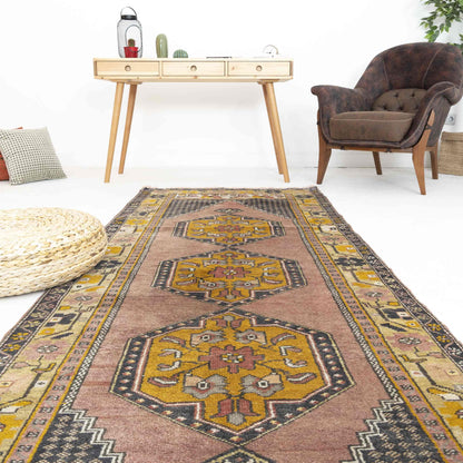 Oriental Turkish Runner Rug Handmade Wool On Wool Anatolian 106 X 295 Cm - 3' 6'' X 9' 9'' Pink C004