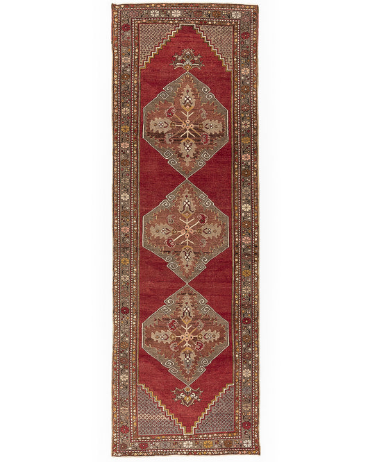 Oriental Turkish Runner Rug Handmade Wool On Wool Anatolian 106 X 327 Cm - 3' 6'' X 10' 9'' Red C014