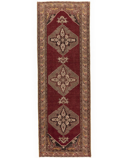 Oriental Turkish Runner Rug Handmade Wool On Wool Anatolian 107 X 327 Cm - 3' 7'' X 10' 9'' Burgundy C021