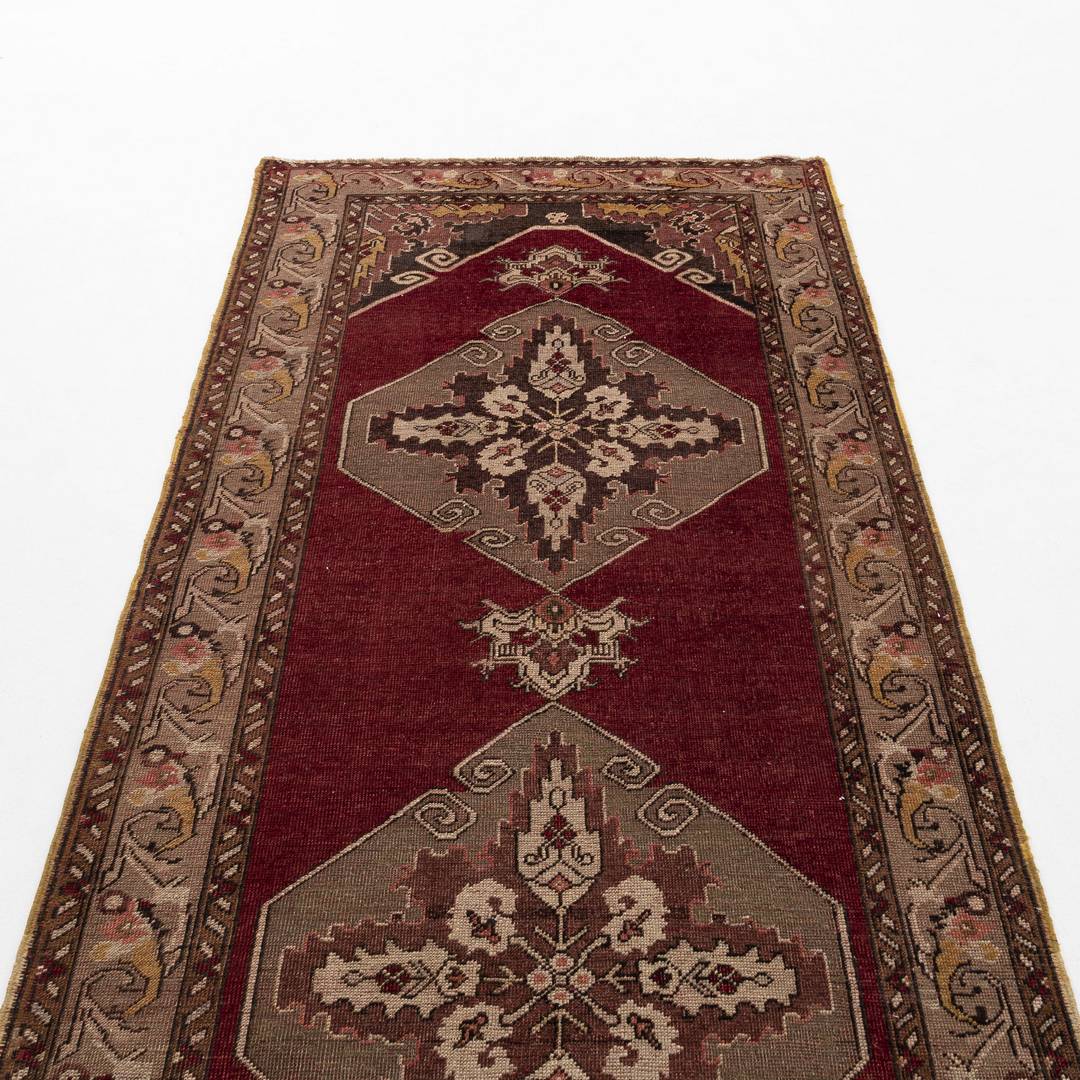 Oriental Turkish Runner Rug Handmade Wool On Wool Anatolian 107 X 327 Cm - 3' 7'' X 10' 9'' Burgundy C021