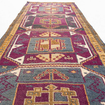 Oriental Turkish Runner Rug Handmade Wool On Wool Anatolian 108 X 276 Cm - 3' 7'' X 9' 1'' Purple C017