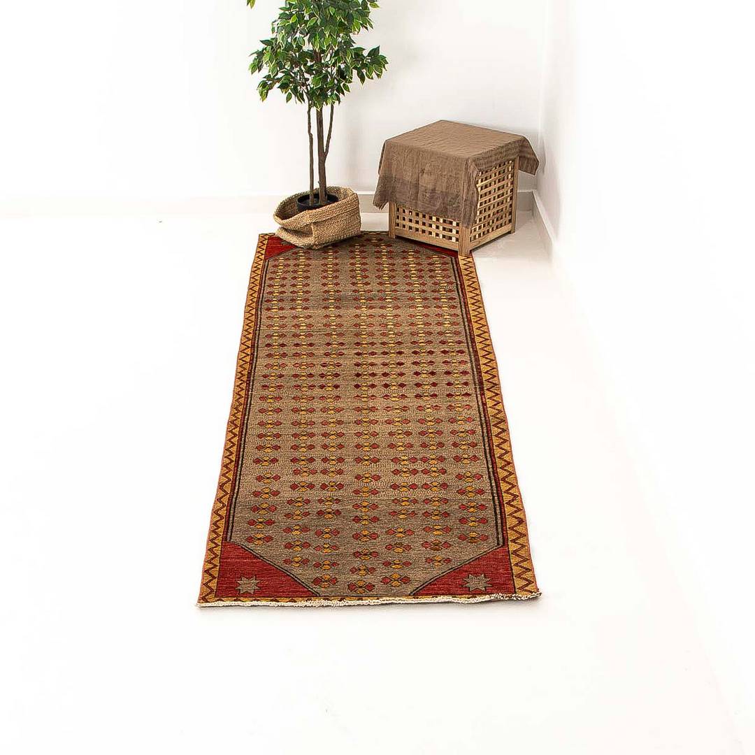 Oriental Turkish Runner Rug Handmade Wool On Wool Anatolian 108 X 321 Cm - 3' 7'' X 10' 7'' Stone C009