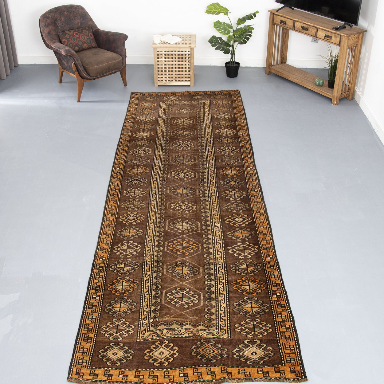 Oriental Turkish Runner Rug Handmade Wool On Wool Anatolian 128 X 385 Cm - 4' 3'' X 12' 8'' Brown C005