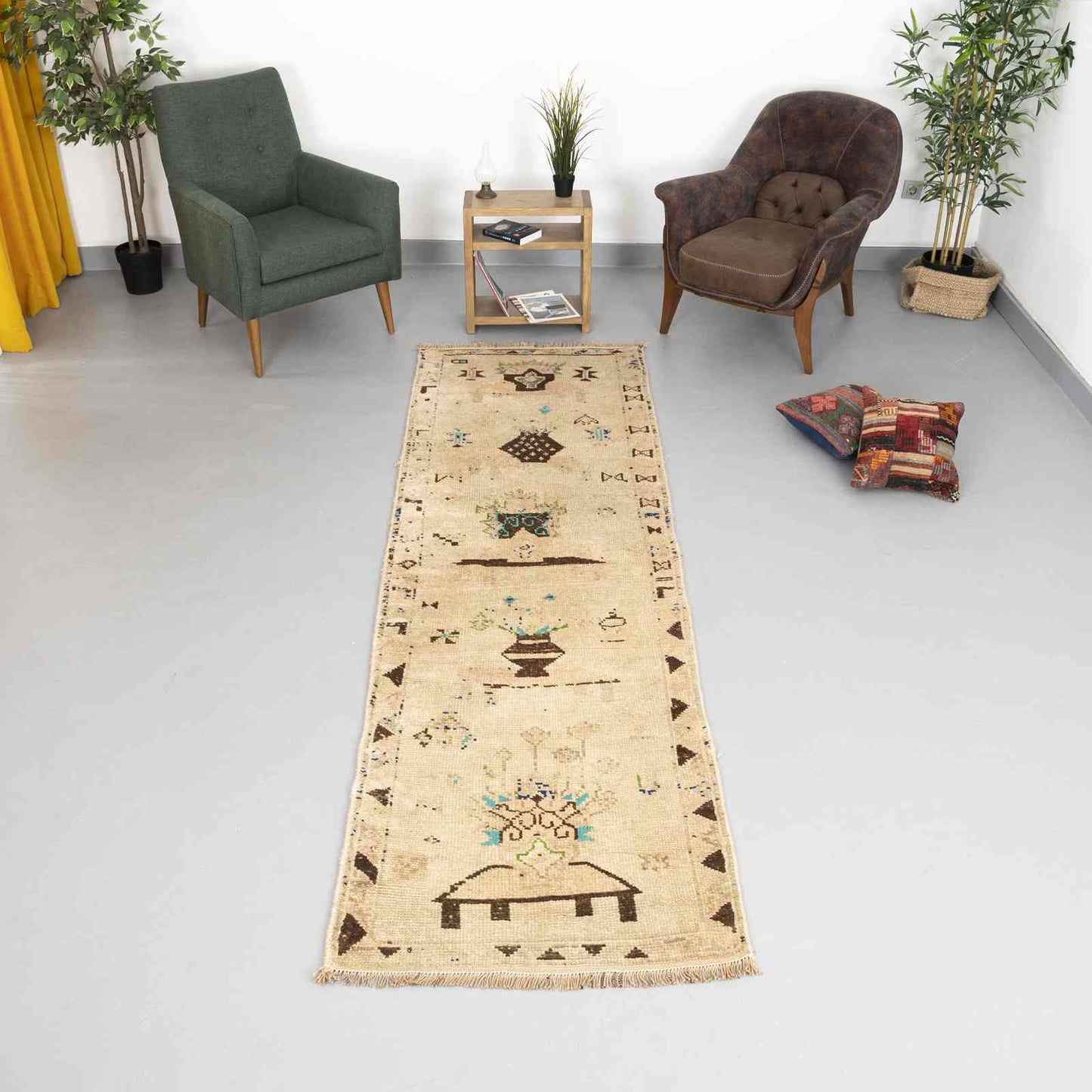 Oriental Turkish Runner Rug Handmade Wool On Wool Anatolian 304 X 90 Cm - 10' X 3' Sand C007