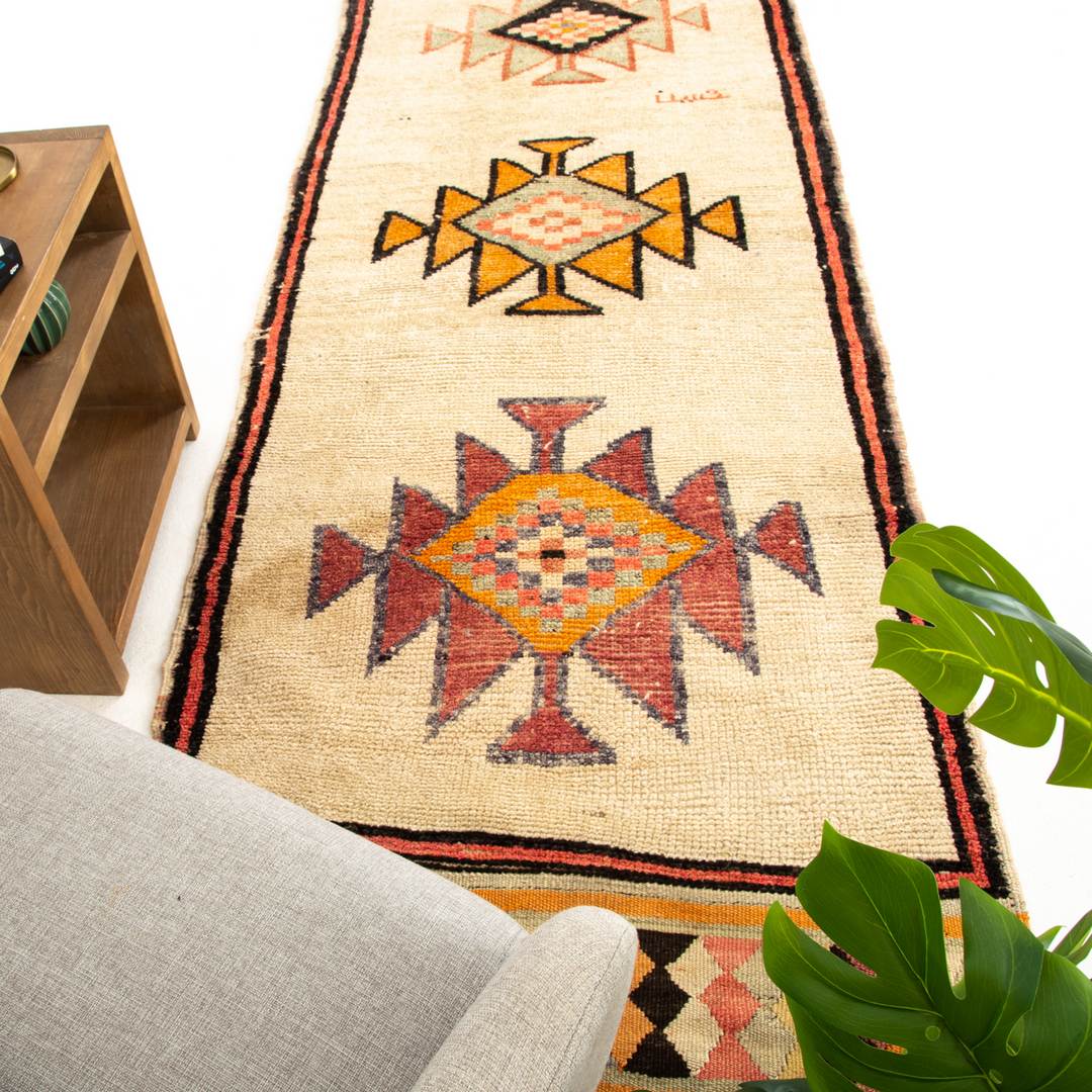 Oriental Turkish Runner Rug Handmade Wool On Wool Anatolian 336 X 98 Cm - 11' 1'' X 3' 3'' Sand C007