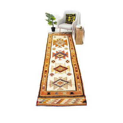 Oriental Turkish Runner Rug Handmade Wool On Wool Anatolian 406 X 95 Cm - 13' 4'' X 3' 2'' Orange C011