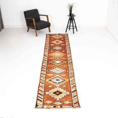 Oriental Turkish Runner Rug Handmade Wool On Wool Anatolian 78 X 384 Cm - 2' 7'' X 12' 8'' Orange C011