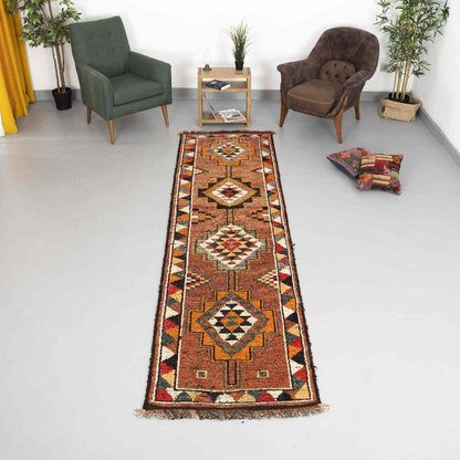 Oriental Turkish Runner Rug Handmade Wool On Wool Anatolian 86 X 342 Cm - 2' 10'' X 11' 3'' Orange C011