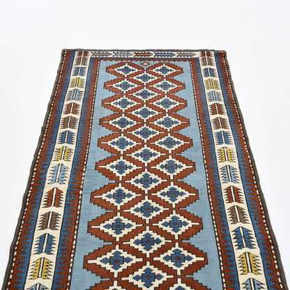 Oriental Turkish Runner Rug Handmade Wool On Wool Kars 103 X 334 Cm - 3' 5'' X 11' Light Blue C013