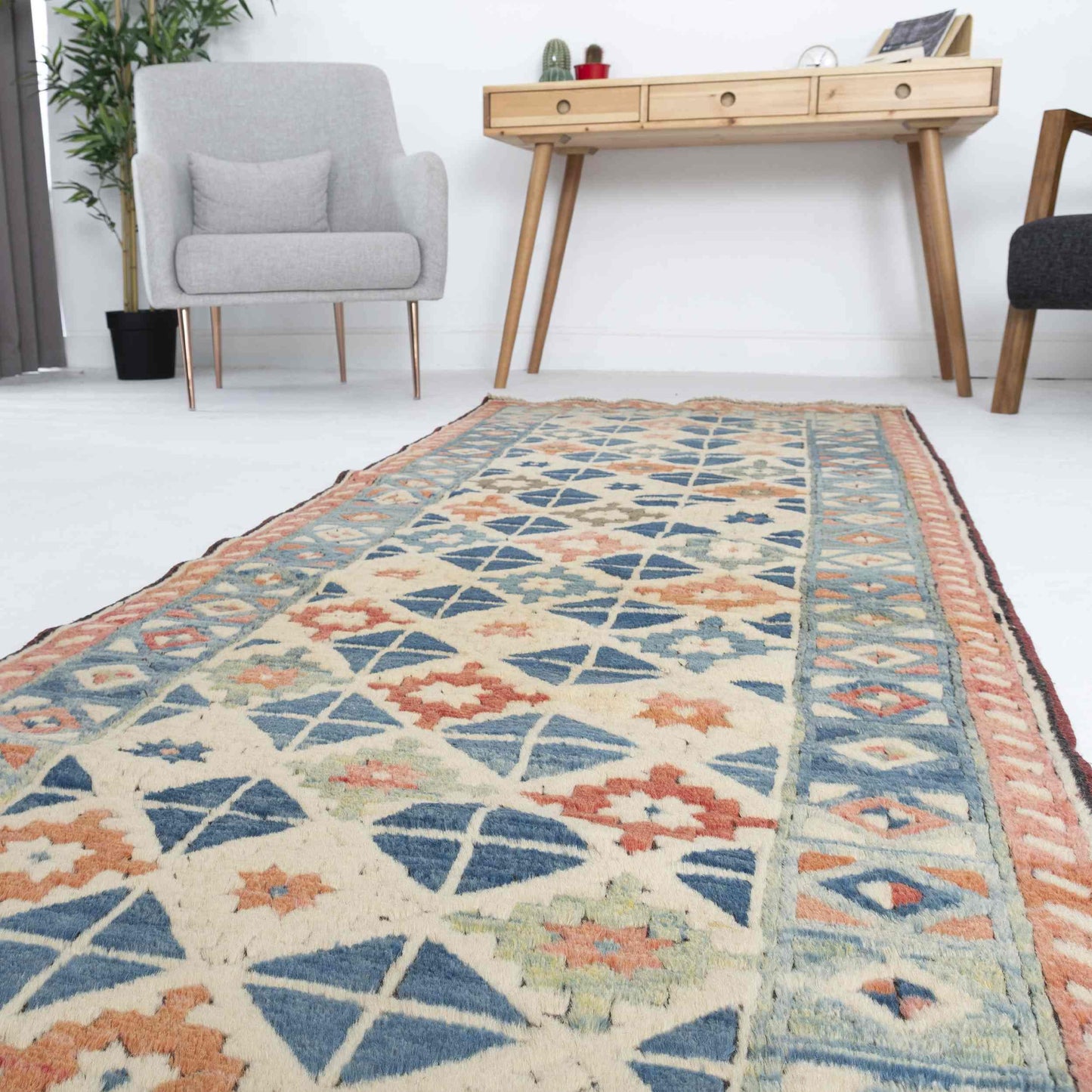 Oriental Turkish Runner Rug Handmade Wool On Wool Kars 173 X 240 Cm - 5' 9'' X 7' 11'' Light Blue C013