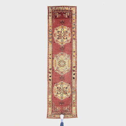 Oriental Turkish Runner Rug Handmade Wool On Wool Anatolian 92 X 343 Cm - 3' 1'' X 11' 4'' Red C014