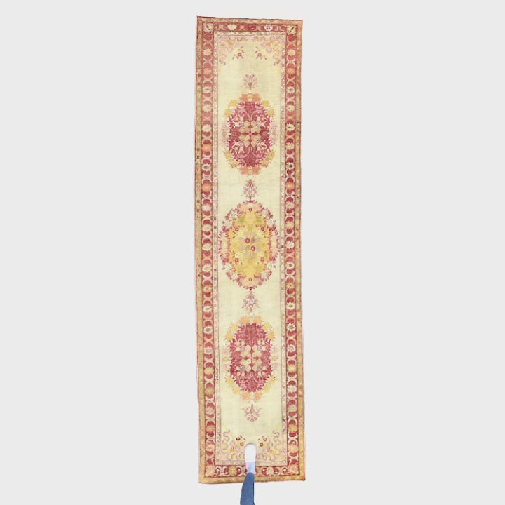 Oriental Turkish Runner Rug Handmade Wool On Wool Anatolian 98 X 426 Cm - 3' 3'' X 14' Sand C007