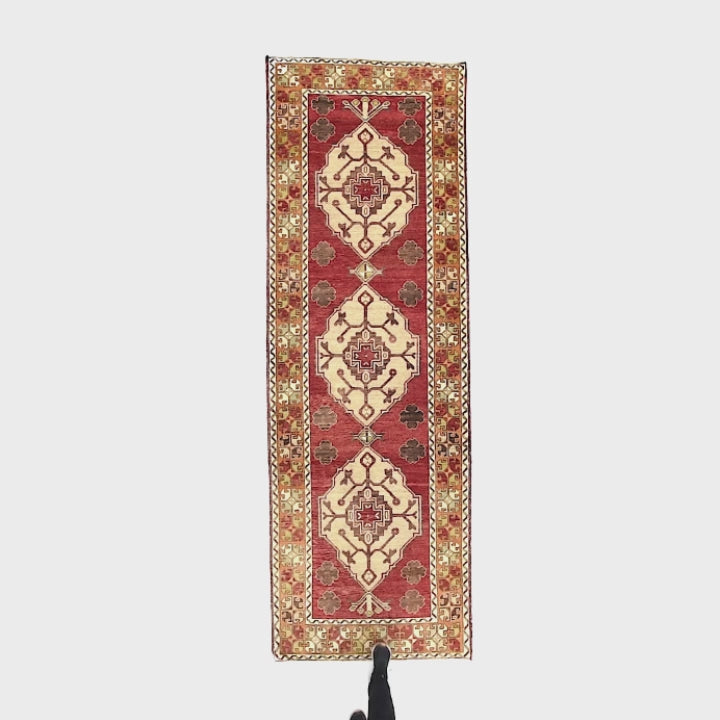 Oriental Turkish Runner Rug Handmade Wool On Wool Anatolian 106 X 317 Cm - 3' 6'' X 10' 5'' Red C014